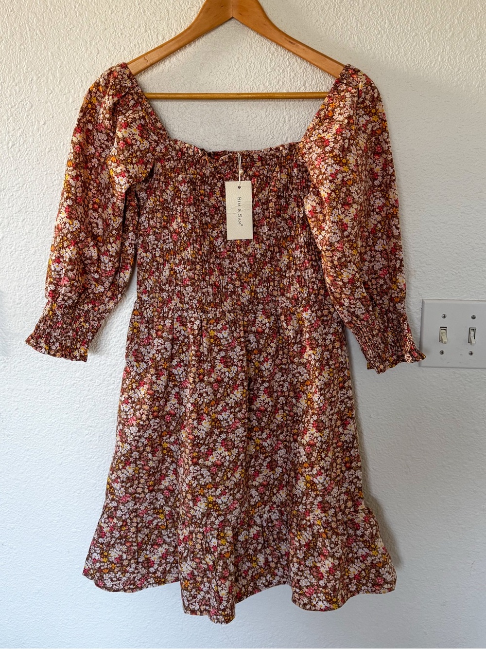 Sim & Sam Floral Cottagecore Puff sleeve Smocked Western Cotton Mini Dress M